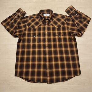 VTG C.C. Filson Western Yoke Pearl Snap Brown & Gold Plaid 100% Wool Shirt USA